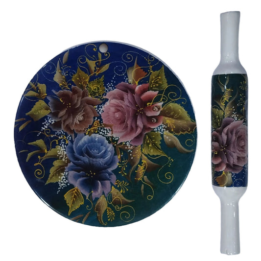 Cutlux Printed Marble Roti Maker with Wooden Belan Enamel Print Marble Chakla 24 cm Diameter with Belan