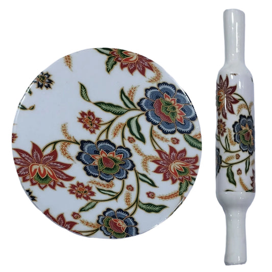 Cutlux Printed Marble Roti Maker with Wooden Belan Enamel Print Marble Chakla 24 cm Diameter with Belan